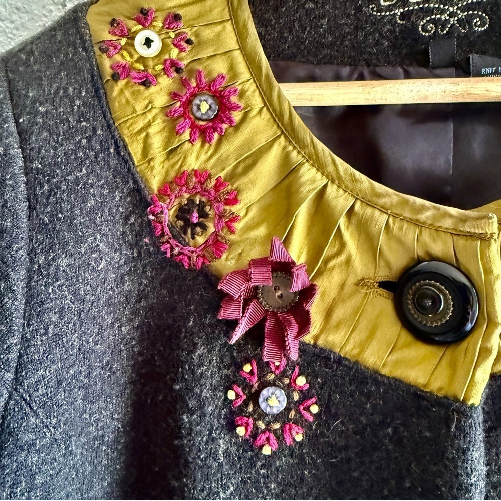 Icelandic Design Green Silk Appliqué Embroidered Lined Wool Jacket Women’s Sm - Picture 2 of 16